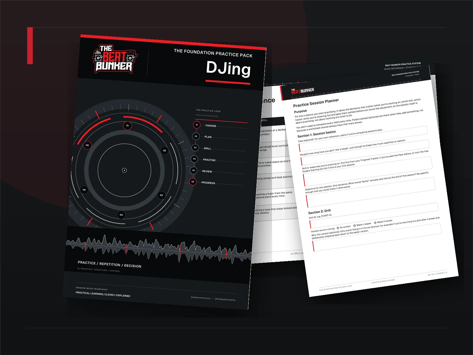 The Foundation Practice Pack: DJing cover layered with partial views of the real Quick Reference and Practice Session Planner pages.