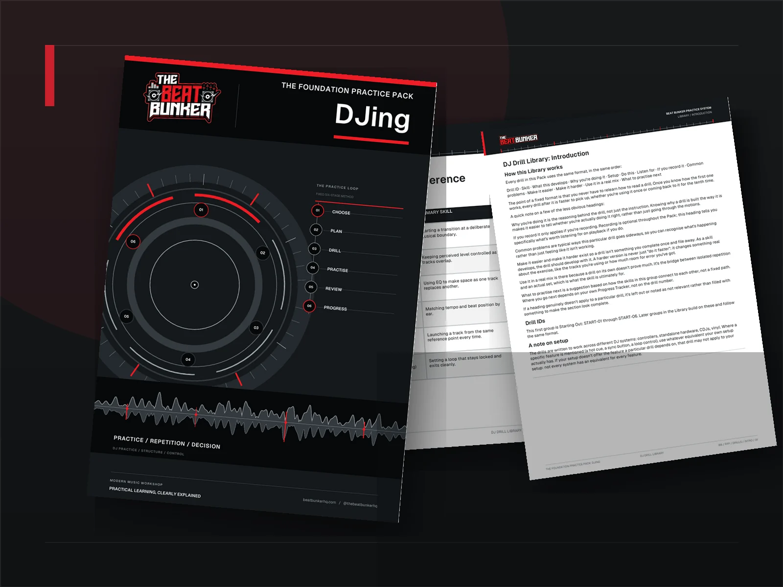 The real pack cover with partial angled views of the DJ Drill Library introduction and Quick Reference pages.