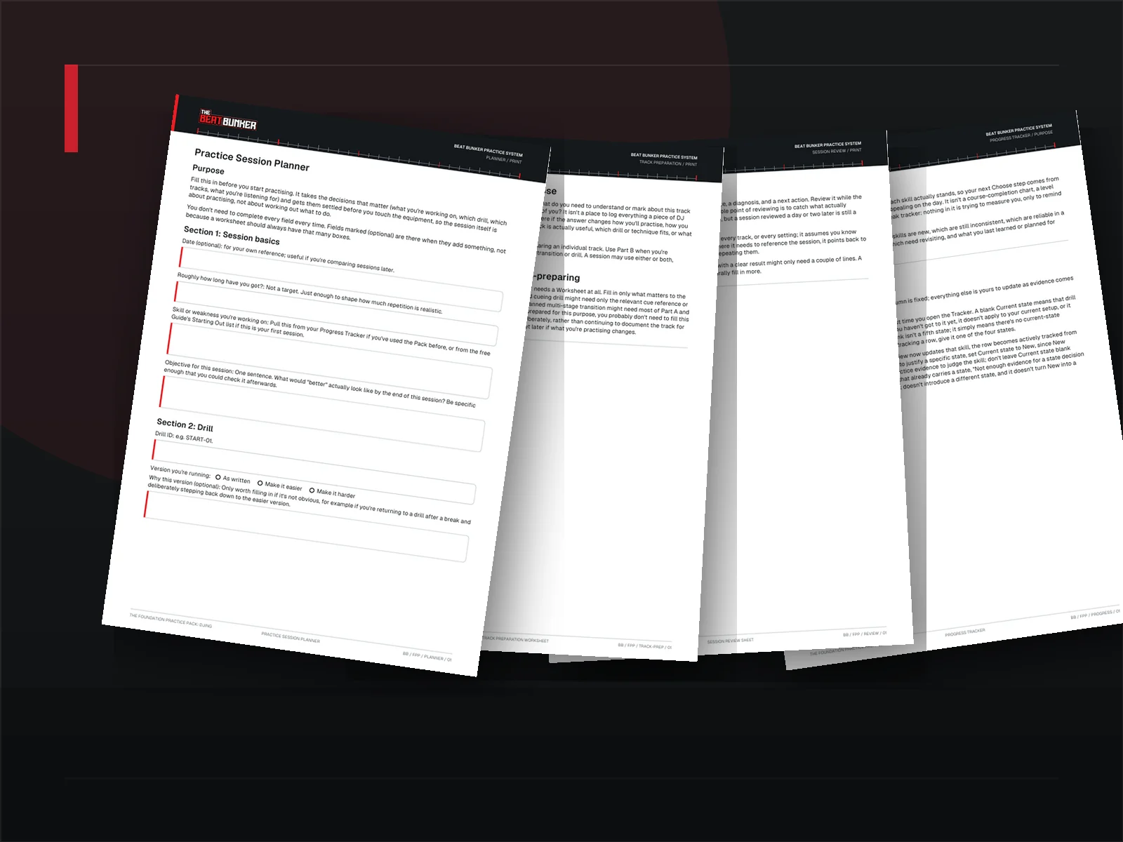Layered partial views of the real Practice Session Planner, Track Preparation Worksheet, Session Review Sheet and Progress Tracker pages.