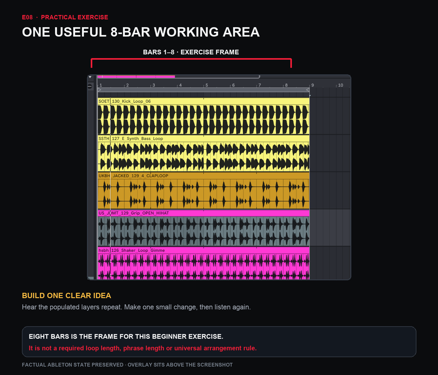 An Ableton arrangement highlights bars one to eight as the working area for this beginner exercise, with populated musical layers and an exercise bracket.